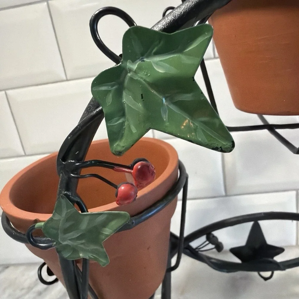 Vintage Wrought Iron Planter With Terra Cotta Pots